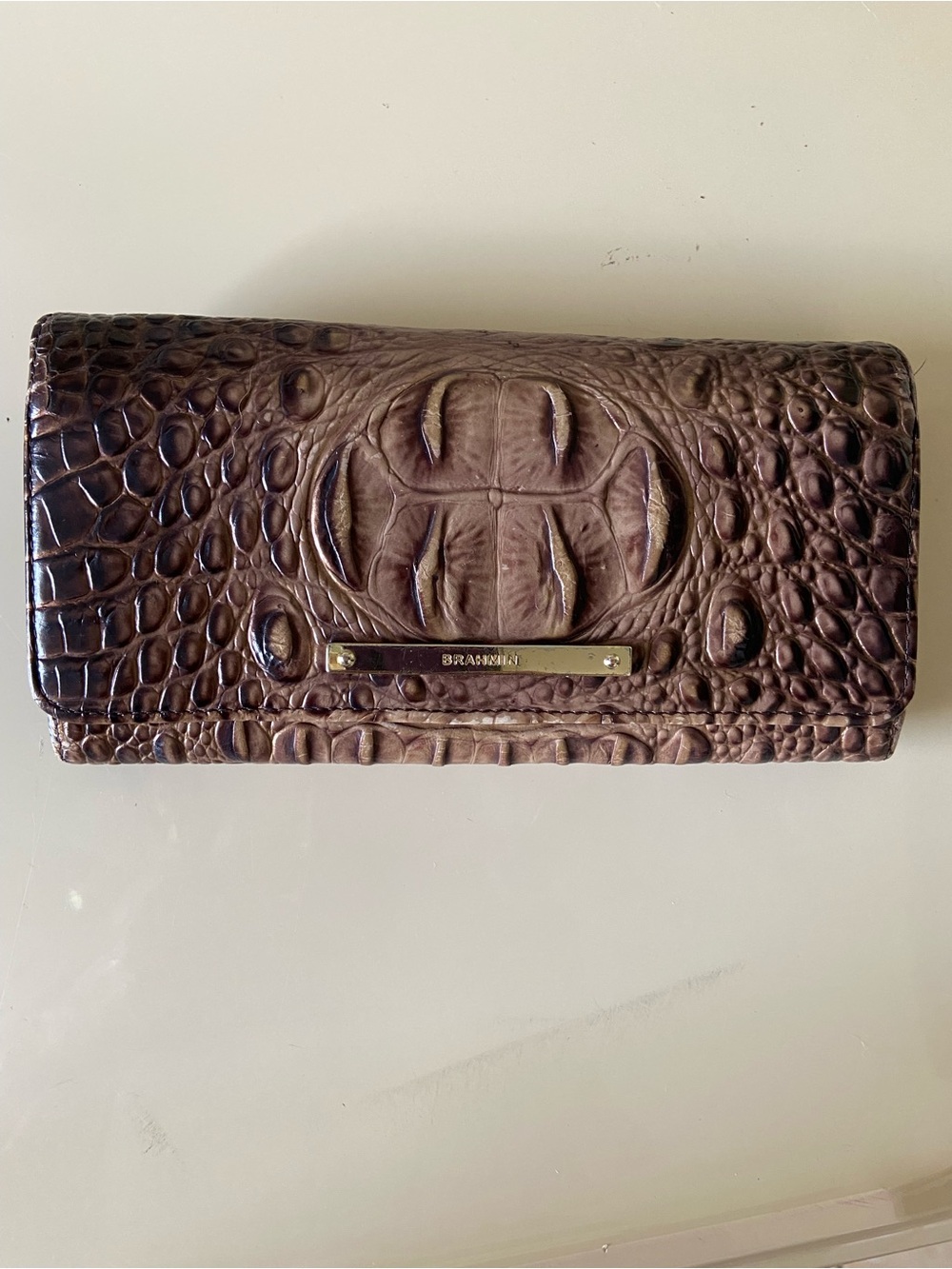 Brahmin Croc-Embossed Leather Card Holder in Dark Brown